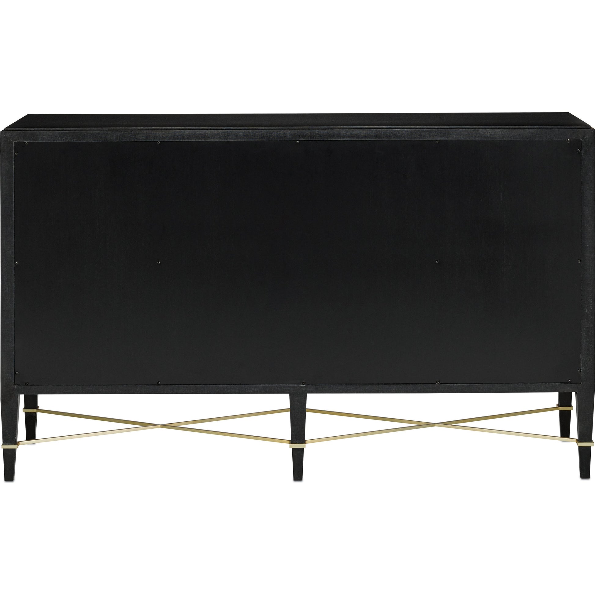 Verona Sideboard by Currey and Company in black lacquered linen, champagne stretchers, linen wrapped cha. Made from solid wood, engineered hardwood in a transitional style.