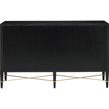 Verona Sideboard by Currey and Company in black lacquered linen, champagne stretchers, linen wrapped cha. Made from solid wood, engineered hardwood in a transitional style.