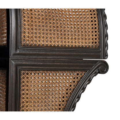 Tangiers Shelter Bed by Jonathan Charles in brown, black and ebonized oak. Made from oak solids, natural cane, flat-cut oak veneers in a rustic style.