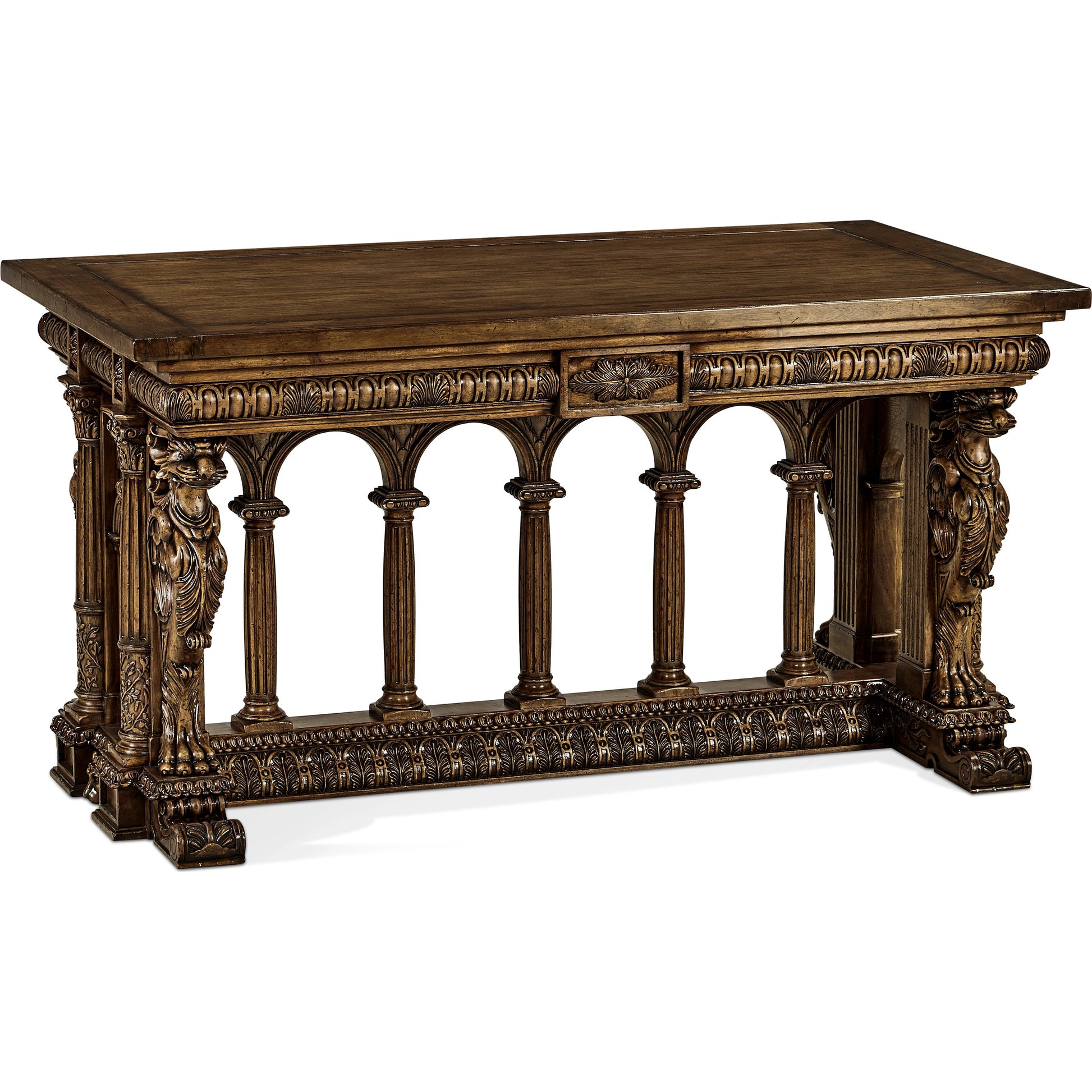 Windsor French Renaissance Style Library Table by Jonathan Charles in brown and medium antique walnut. Made from acacia in a traditional style.