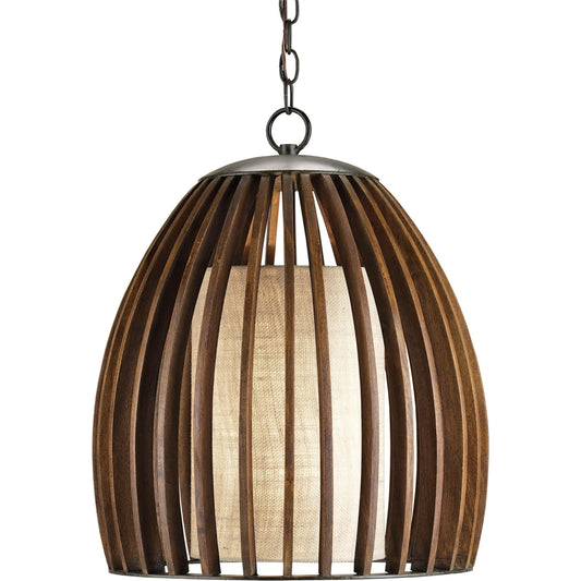 Carling Pendant by Currey and Company in old iron, polished fruitwood. Made from iron, wood in a modern style.