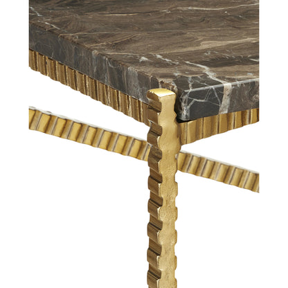 Flying Console Table by Currey and Company in natural, gold. Made from cappuccino stone, iron in a modern style.