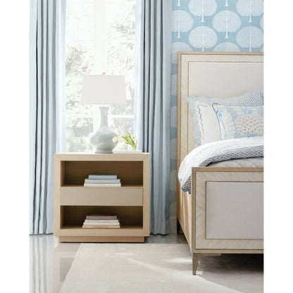 Water Tideline Bone & Linen King Upholstered Bed by Jonathan Charles in dyed koto. Made from dyed koto veneer, faux bone, metal, foam, fabric in a modern style.