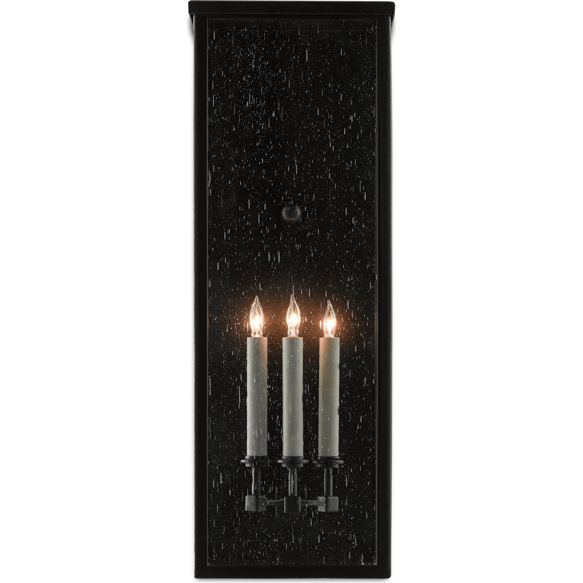 Tanzy Outdoor Wall Sconce by Currey and Company in midnight. Made from wrought iron, seeded glass in a transitional style.