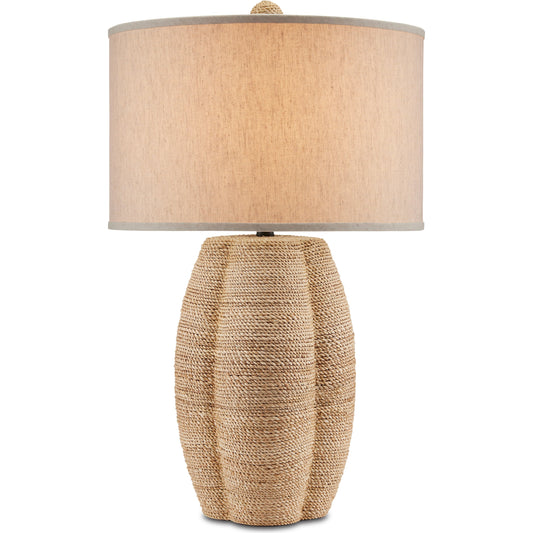 Karnak Table Lamp by Currey and Company in natural abaca rope, satin black. Made from terracotta, abaca rope, wrought iron in a cottage & farmhouse style.