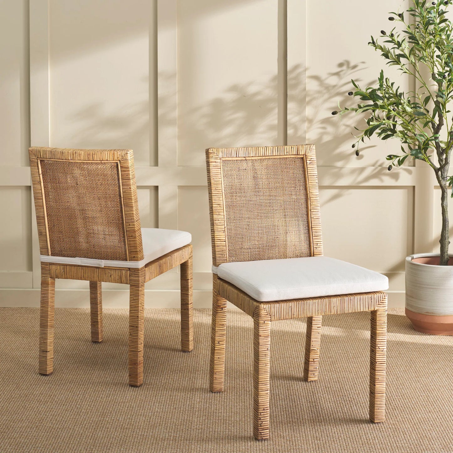 009 SI-2629847 | Lifestyle | Rapides Cane Dining Chair with Cushion (Set of 2) by HedgeApple Essentials in honey brown wash. Made from mango wood, rattan, cotton foam in a unique style.