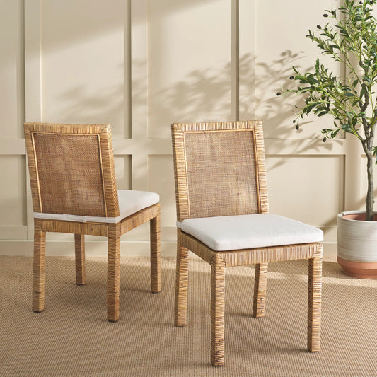 Rapides Cane Dining Chair with Cushion (Set of 2) by HedgeApple Essentials in honey brown wash. Made from mango wood, rattan, cotton foam in a unique style.