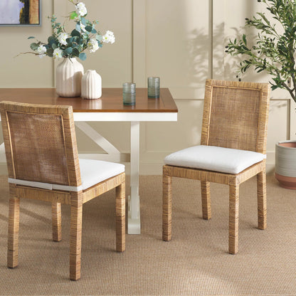 Rapides Cane Dining Chair with Cushion (Set of 2) by HedgeApple Essentials in honey brown wash. Made from mango wood, rattan, cotton foam in a unique style.