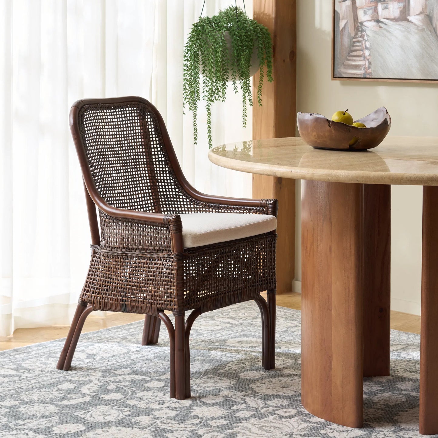 022 SI-2629852 | Lifestyle | Ward Dining Chair with Cushion by HedgeApple Essentials. Made from rattan, 60% cotton, 40% polyester in a unique style.