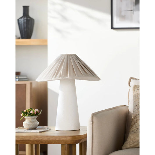 Docia Accent Table Lamp by Surya in white. Made from ceramic, iron, linen in a transitional style.