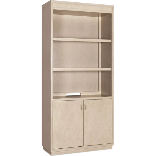 Marlowe Bookcase by Hooker Furniture in light wood and polished limestone, quartered oak veneers. Made from white oak solids, white oak veneers in a unique style.