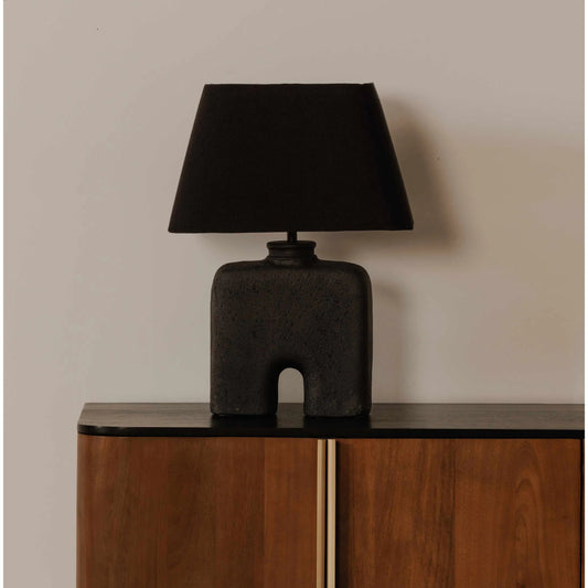 Yara Table Lamp by Moe's Home Collection in black. Made from ecomix base, a mango wood neck, textured cotton shade in a unique style.