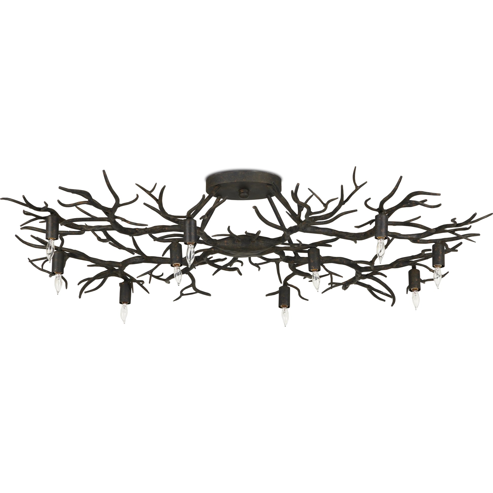 Rainforest Semi-Flush by Currey and Company in rustic bronze. Made from wrought iron in a modern style.