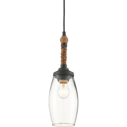 Hightider Pendant by Currey and Company in french black, natural rope. Made from wrought iron, abaca rope, recycled glass in a modern style.