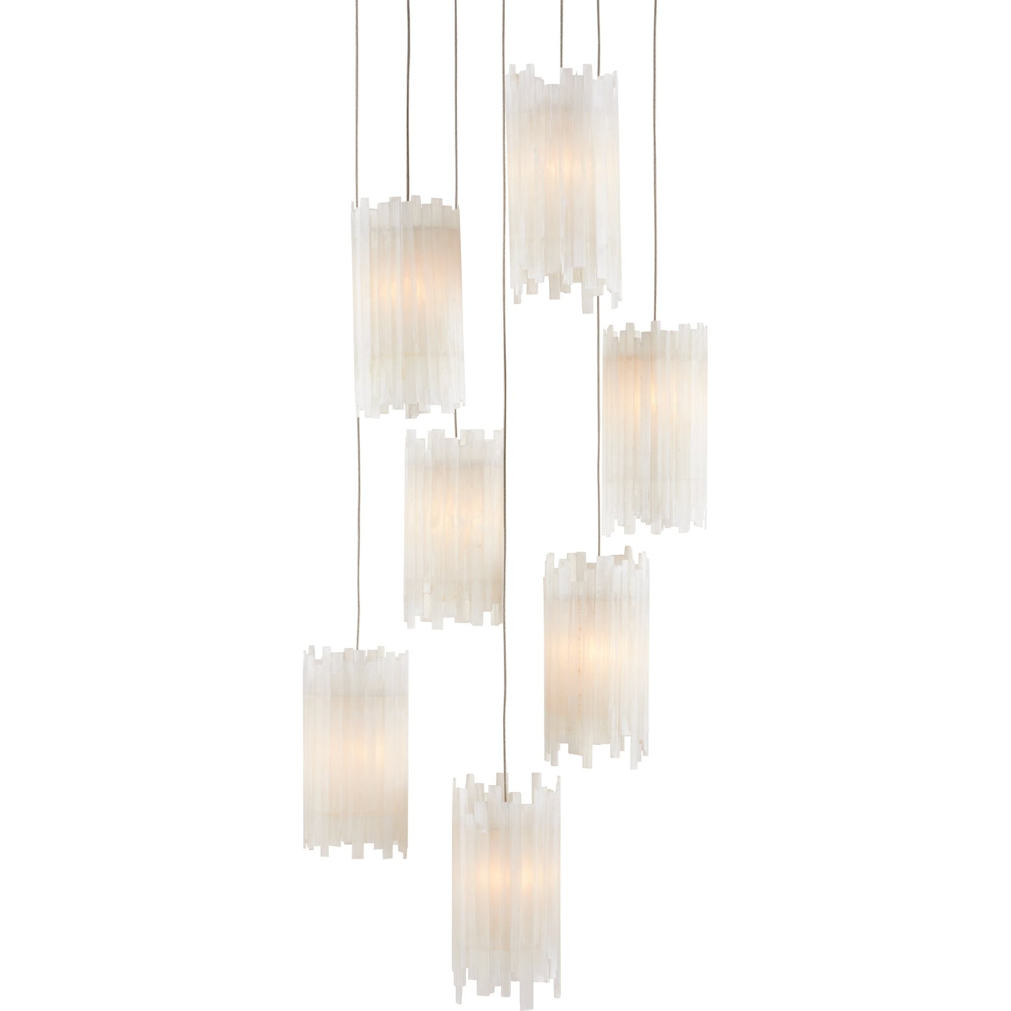001 SI-1894294 | Primary Silo | Escenia 7-Light Multi-Drop Pendant by Currey and Company in natural selenite, silver. Made from selenite, frosted glass in a transitional style.
