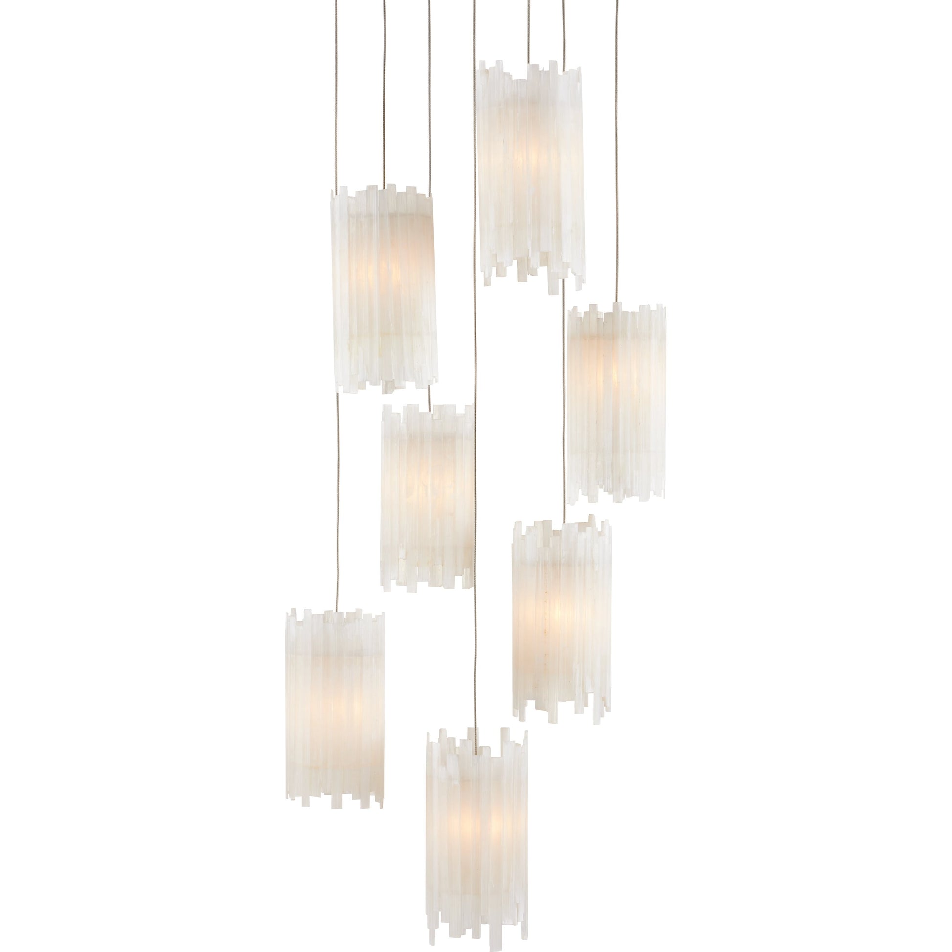 Escenia 7-Light Multi-Drop Pendant by Currey and Company in natural selenite, silver. Made from selenite, frosted glass in a transitional style.