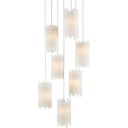 Escenia 7-Light Multi-Drop Pendant by Currey and Company in natural selenite, silver. Made from selenite, frosted glass in a transitional style.