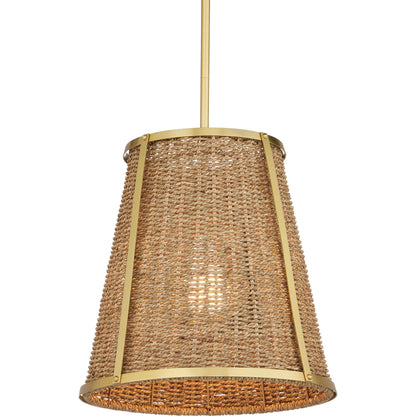 Deauville Pendant by Currey and Company in natural, polished brass. Made from seagrass, metal in a cottage & farmhouse style.