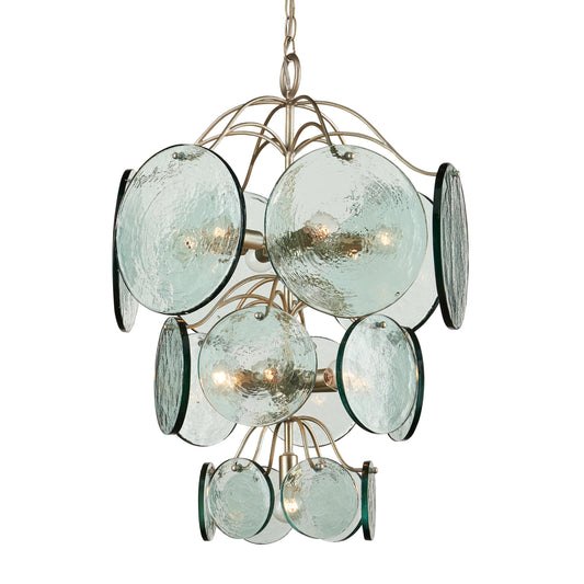 Rovigo Chandelier by Currey and Company in clear, silver leaf. Made from recycled glass, wrought iron in a transitional style.