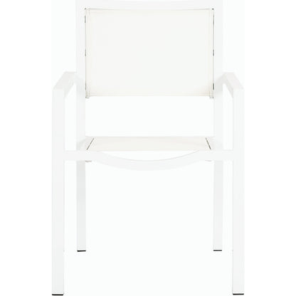 Naples Outdoor Stackable Sling Dining Chair by Sunset West in white. Made from aluminum in a modern style.