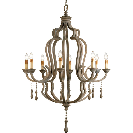 Waterloo Chandelier by Currey and Company in washed gray. Made from iron, wood in a cottage & farmhouse style.