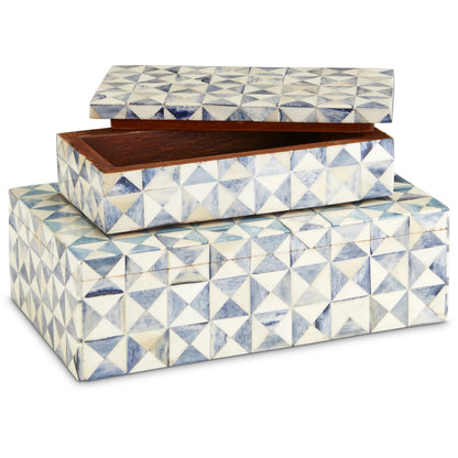 Sky Box Set by Currey and Company in blue, white. Made from bone, wood in a unique style.
