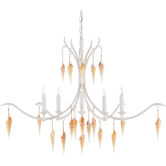 Arcachon Chandelier by Currey and Company in crushed shell, natural, vanilla. Made from wrought iron, shells in a traditional style.