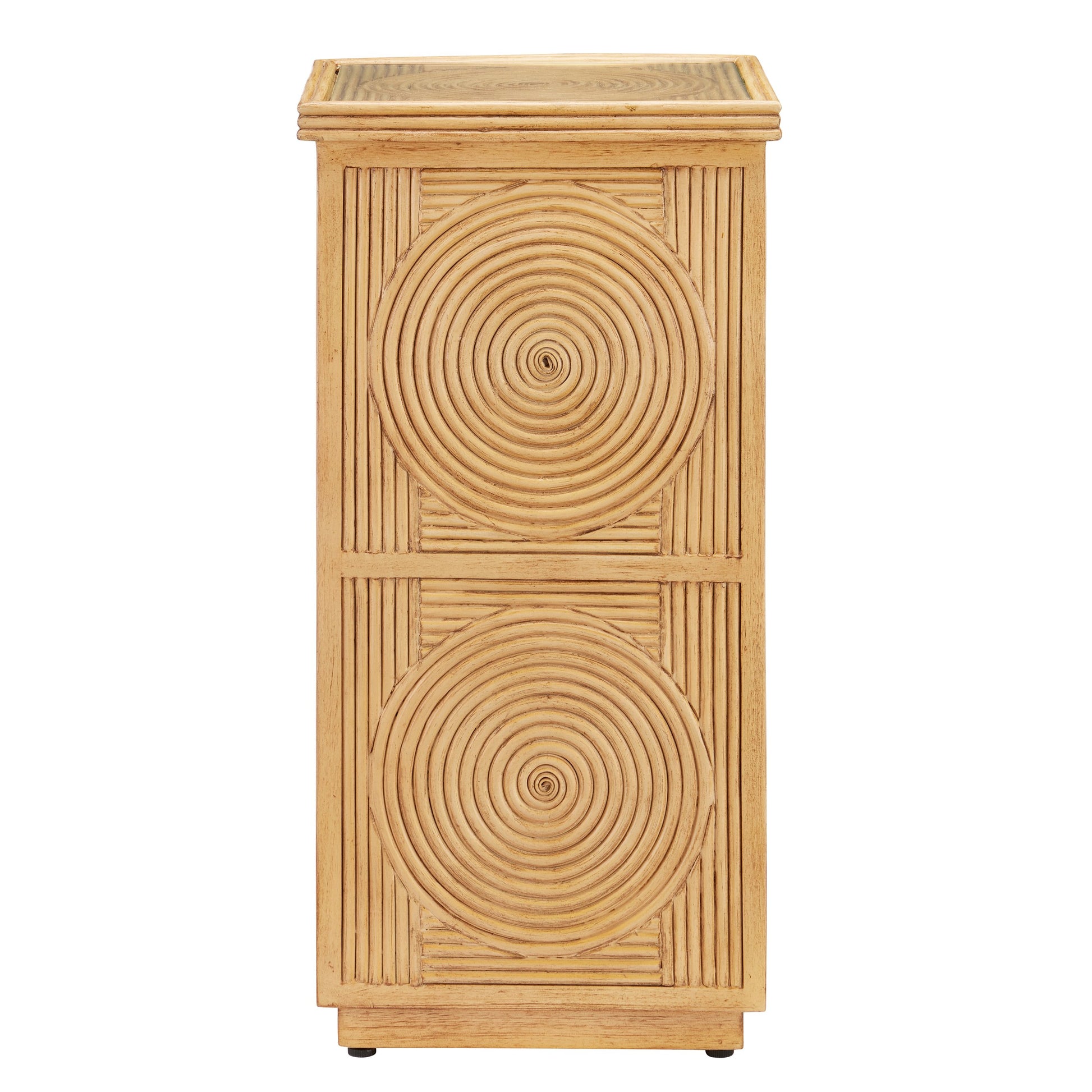 Santos Accent Table by Currey and Company in sea sand, clear. Made from rattan, mahogany, glass in a transitional style.