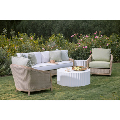 Cambria Outdoor Sofa by Sunset West in light wood. Made from teak in a rustic style.