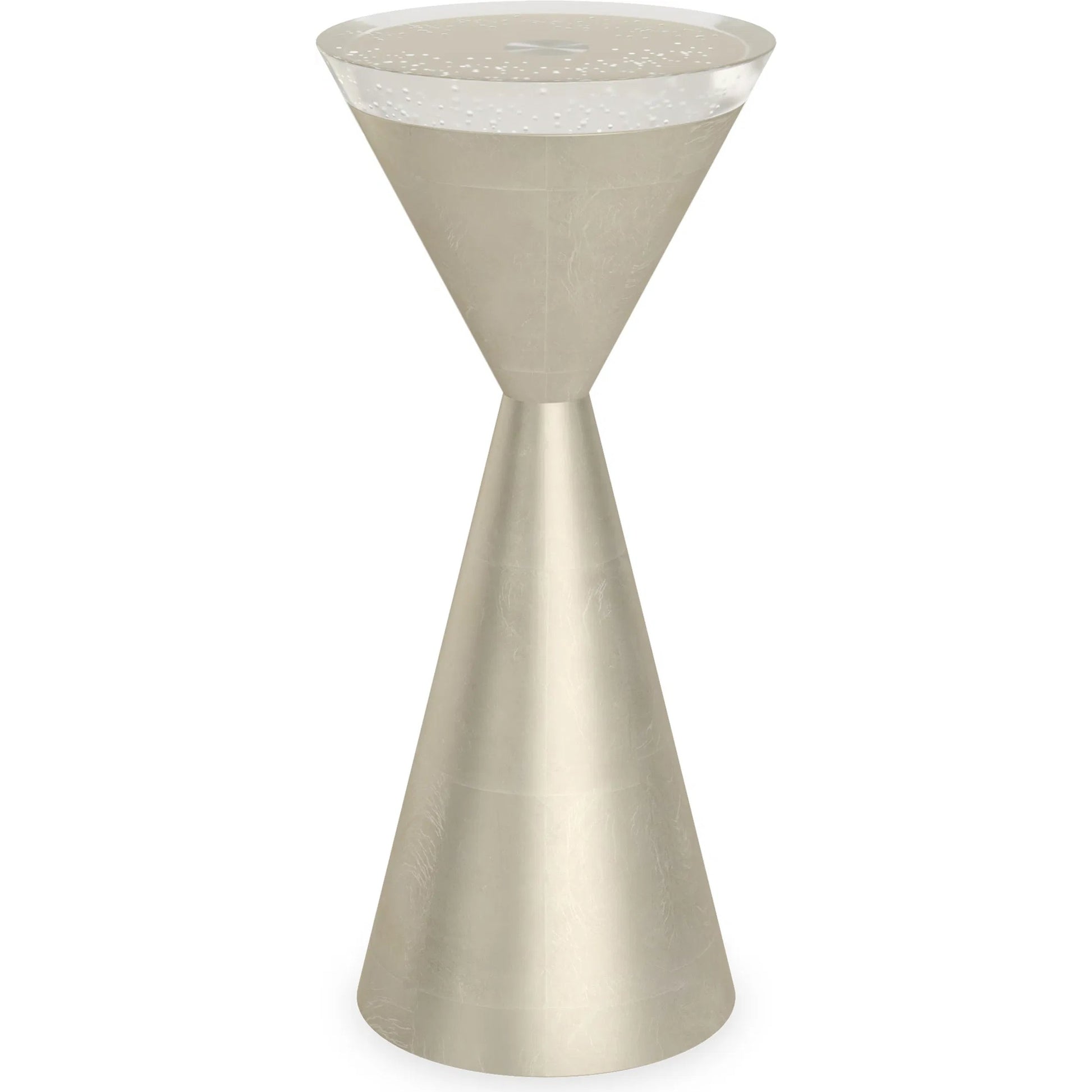 Spy Glass Accent Table by Caracole in taupe silver leaf. Made from asian hardwood, glass in a transitional style.
