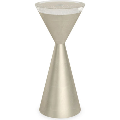 Spy Glass Accent Table by Caracole in taupe silver leaf. Made from asian hardwood, glass in a transitional style.