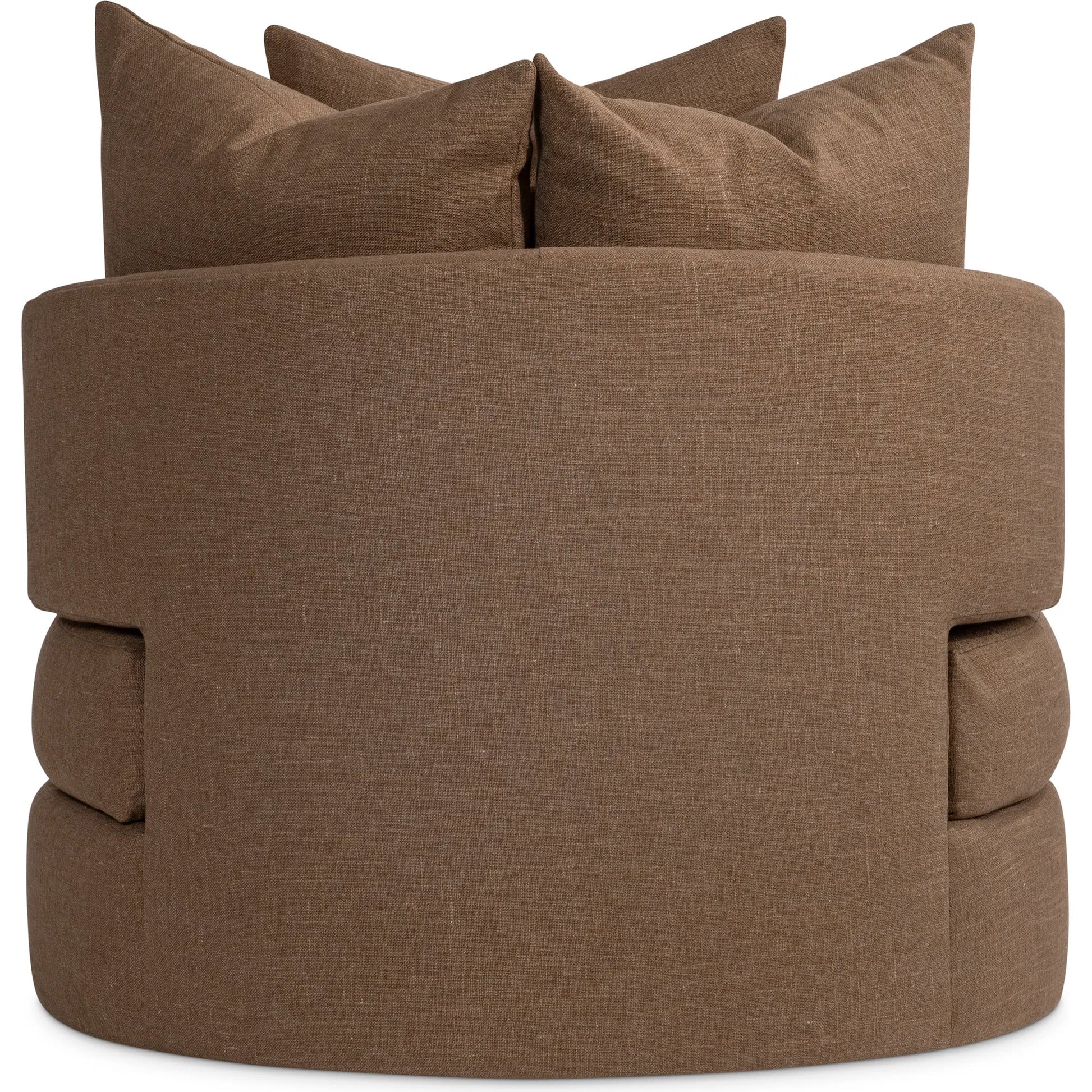 Colby Fabric Swivel Chair by Bernhardt in brown. Made from polyfoam core, virgin polyester fibers, waterfowl feathers, waterfowl down in a transitional style.