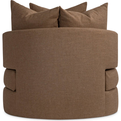 Colby Fabric Swivel Chair by Bernhardt in brown. Made from polyfoam core, virgin polyester fibers, waterfowl feathers, waterfowl down in a transitional style.