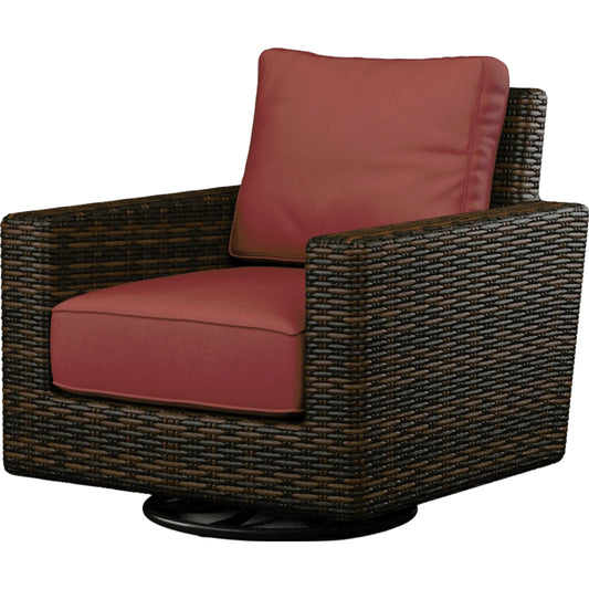 Montecito Outdoor Swivel Rocker Club Chair by Sunset West in cognac. Made from resin wicker in a modern style.