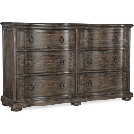 Traditions Six-Drawer Dresser by Hooker Furniture in dark wood. Made from pine veneers with cedar, felt panel, jewelry tray, solid-wood edge top in a cottage & farmhouse style.