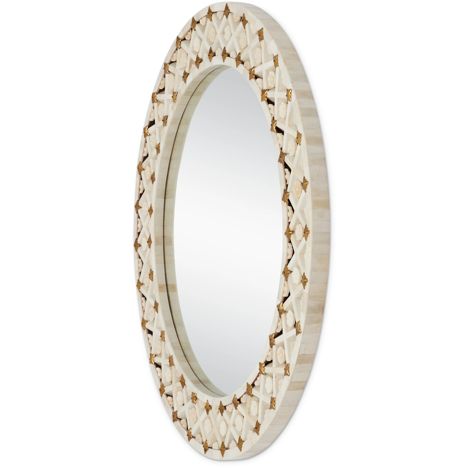 Ellaria Round Mirror by Currey and Company in natural, brass. Made from bone, brass, glass, engineered wood in a modern style.