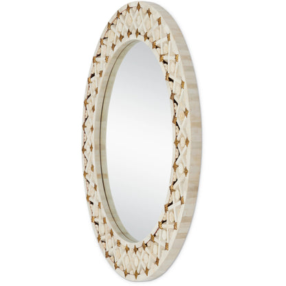 Ellaria Round Mirror by Currey and Company in natural, brass. Made from bone, brass, glass, engineered wood in a modern style.