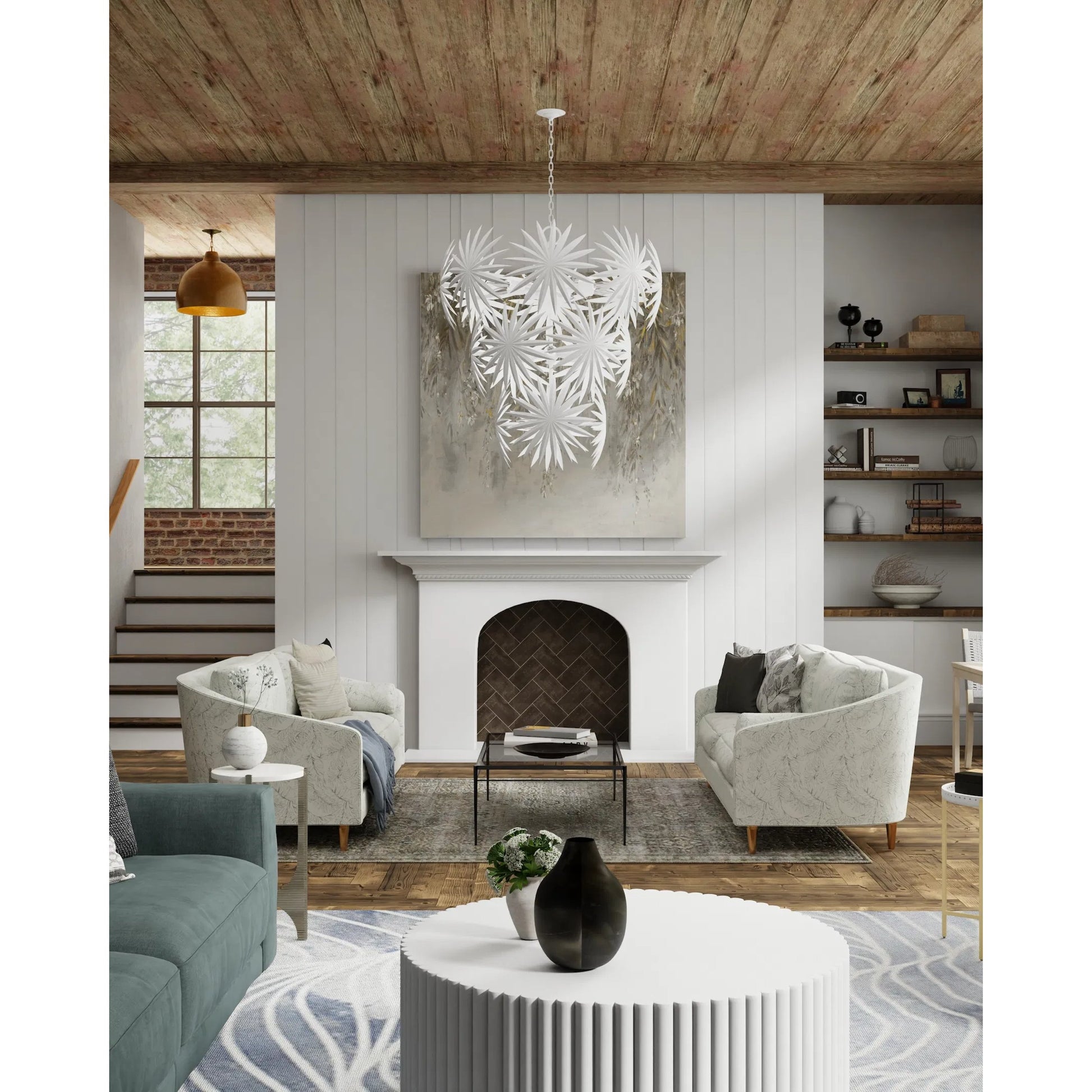 Bismarkia Chandelier by Currey and Company in gesso white. Made from wrought iron in a modern style.