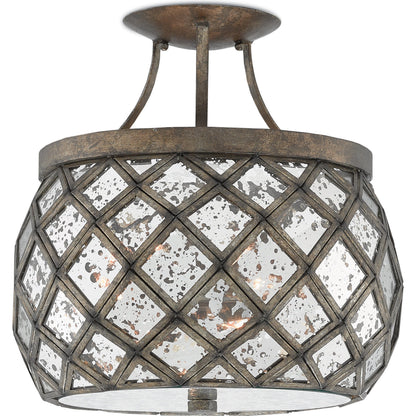 Buckminster Semi-Flush Mount by Currey and Company in pyrite bronze, raj mirror. Made from wrought iron, glass in a transitional style.