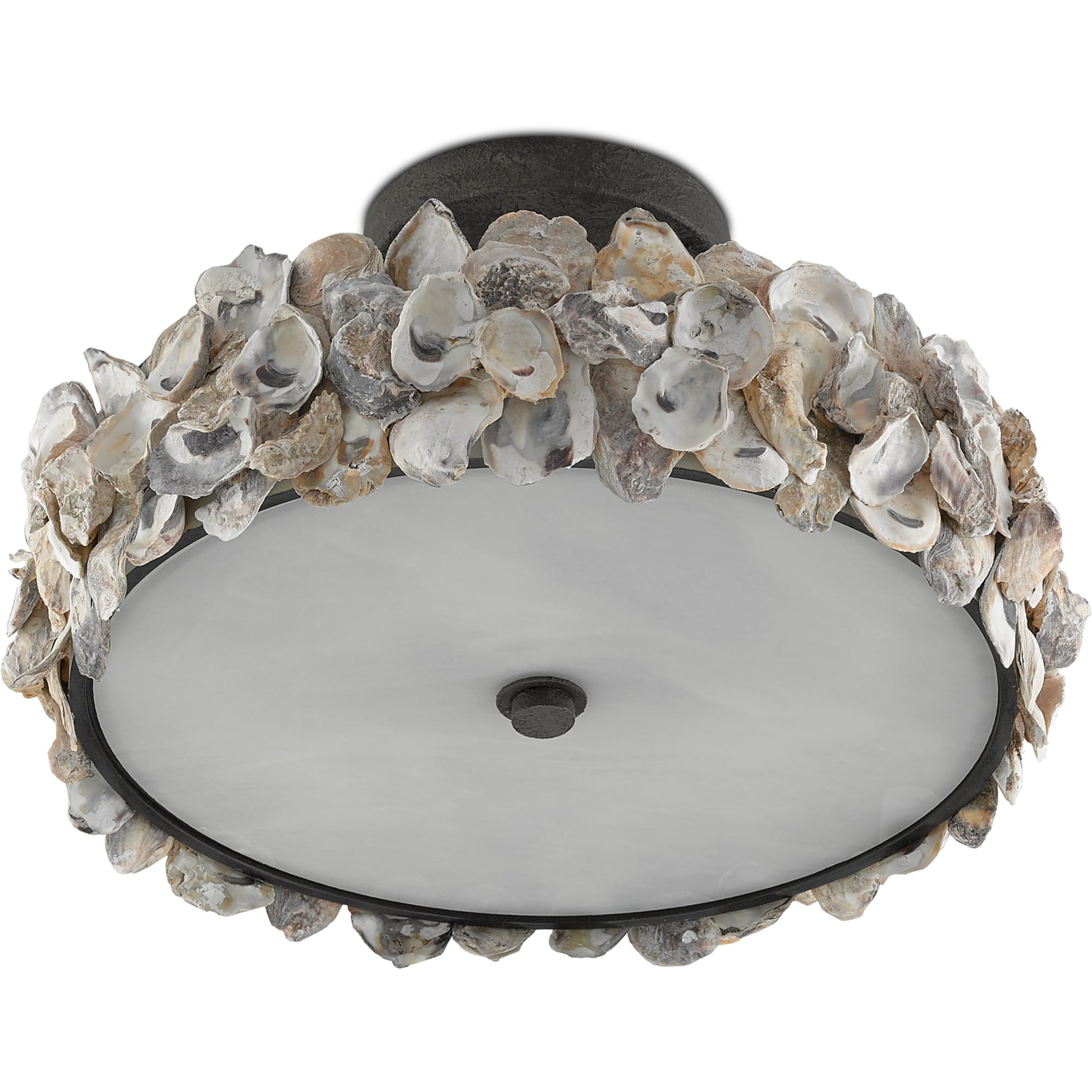 Oyster Semi-Flush by Currey and Company in textured bronze, natural, frosted glass. Made from wrought iron, oyster shell, glass in a coastal style.