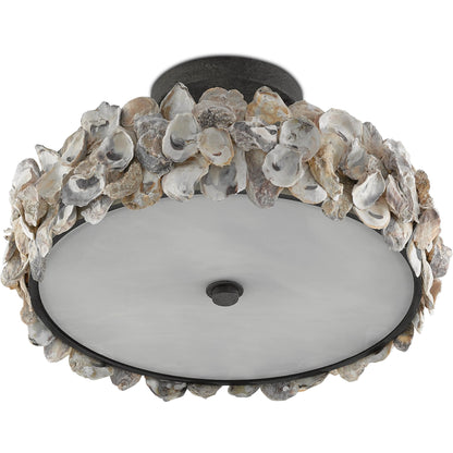 Oyster Semi-Flush by Currey and Company in textured bronze, natural, frosted glass. Made from wrought iron, oyster shell, glass in a coastal style.