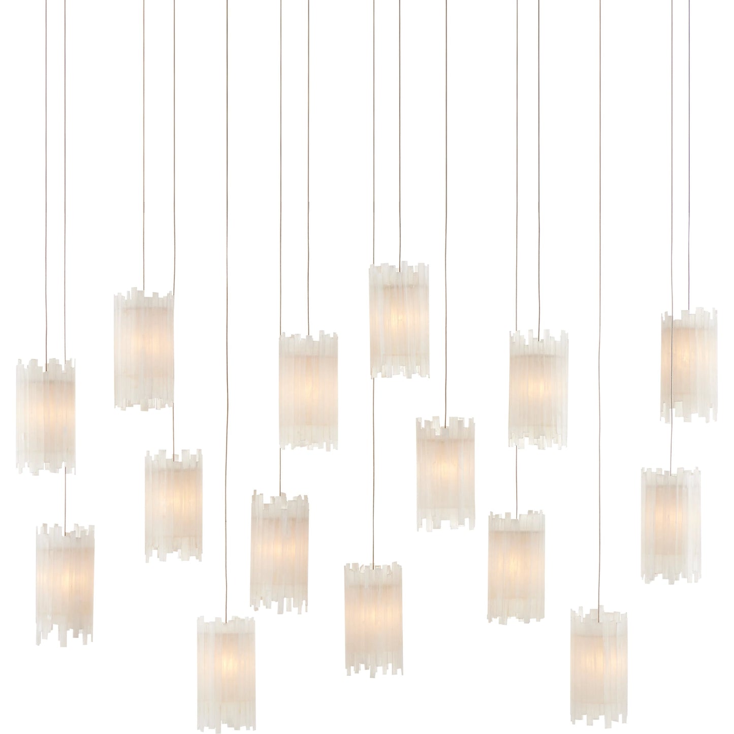 003 SI-1894295 | Additional Silo | Escenia Rectangular 15-Light Multi-Drop Pendant by Currey and Company in natural selenite, silver. Made from selenite, frosted glass in a transitional style.