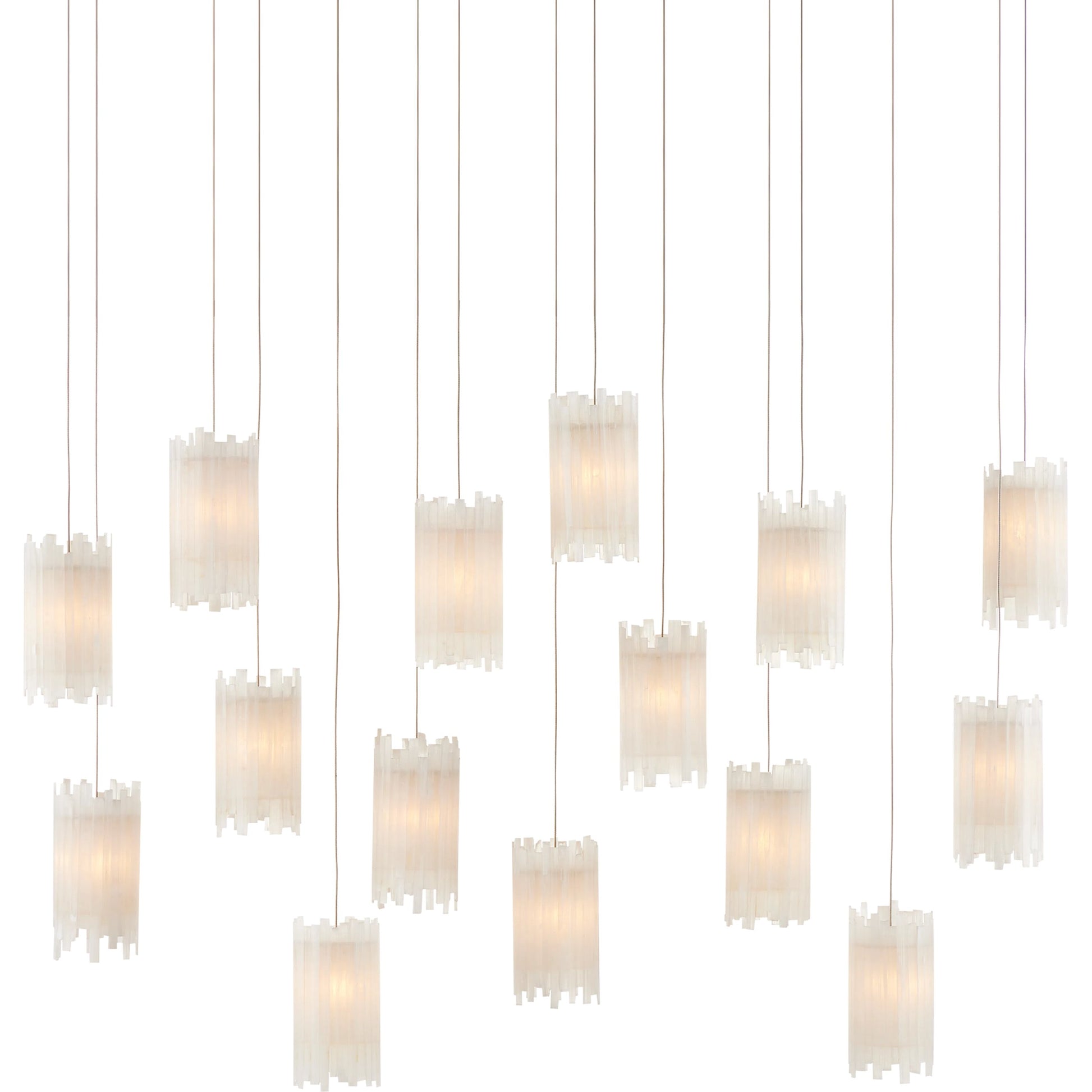 Escenia Rectangular 15-Light Multi-Drop Pendant by Currey and Company in natural selenite, silver. Made from selenite, frosted glass in a transitional style.