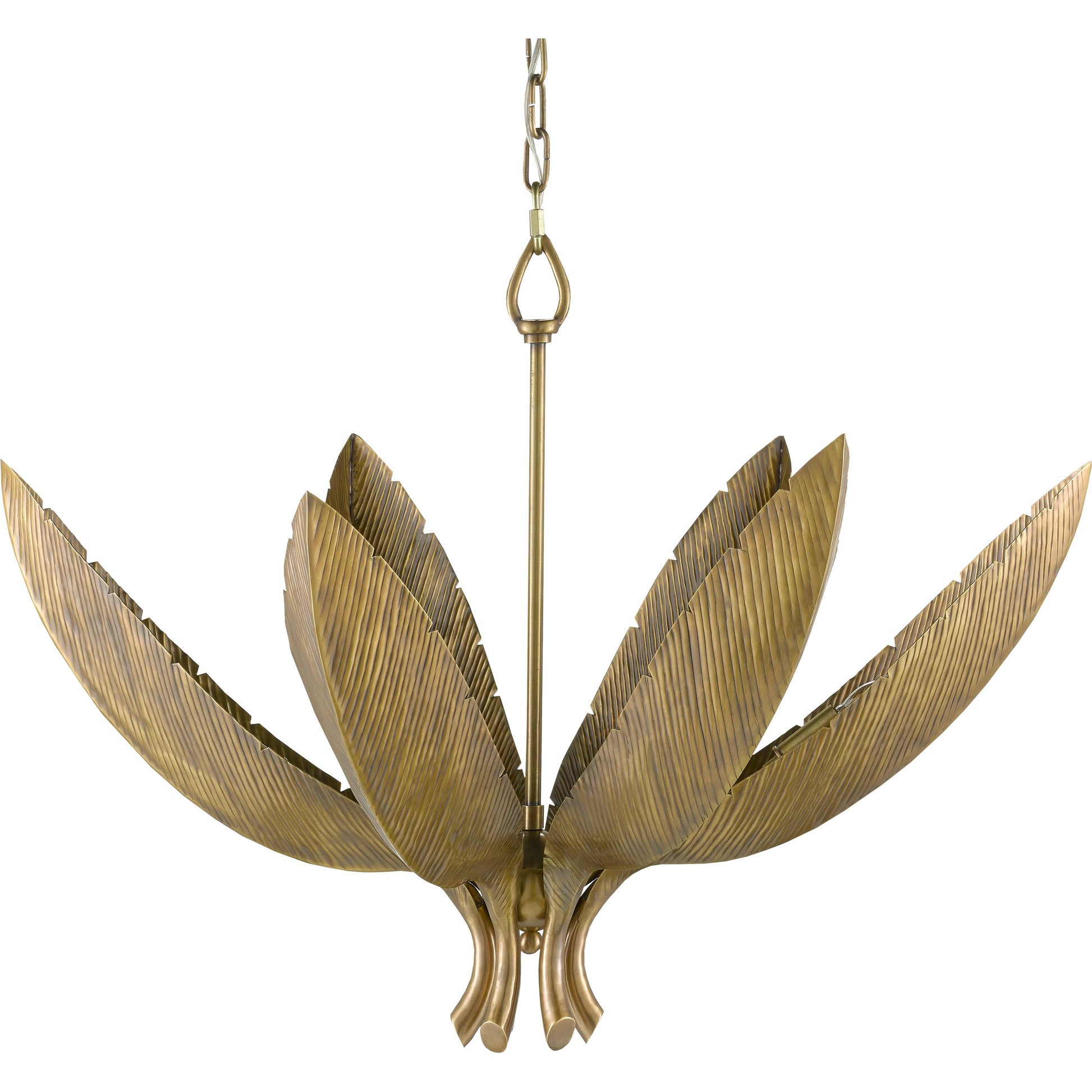 Bird of Paradise Chandelier by Currey and Company in antique brass. Made from brass, iron in a coastal style.
