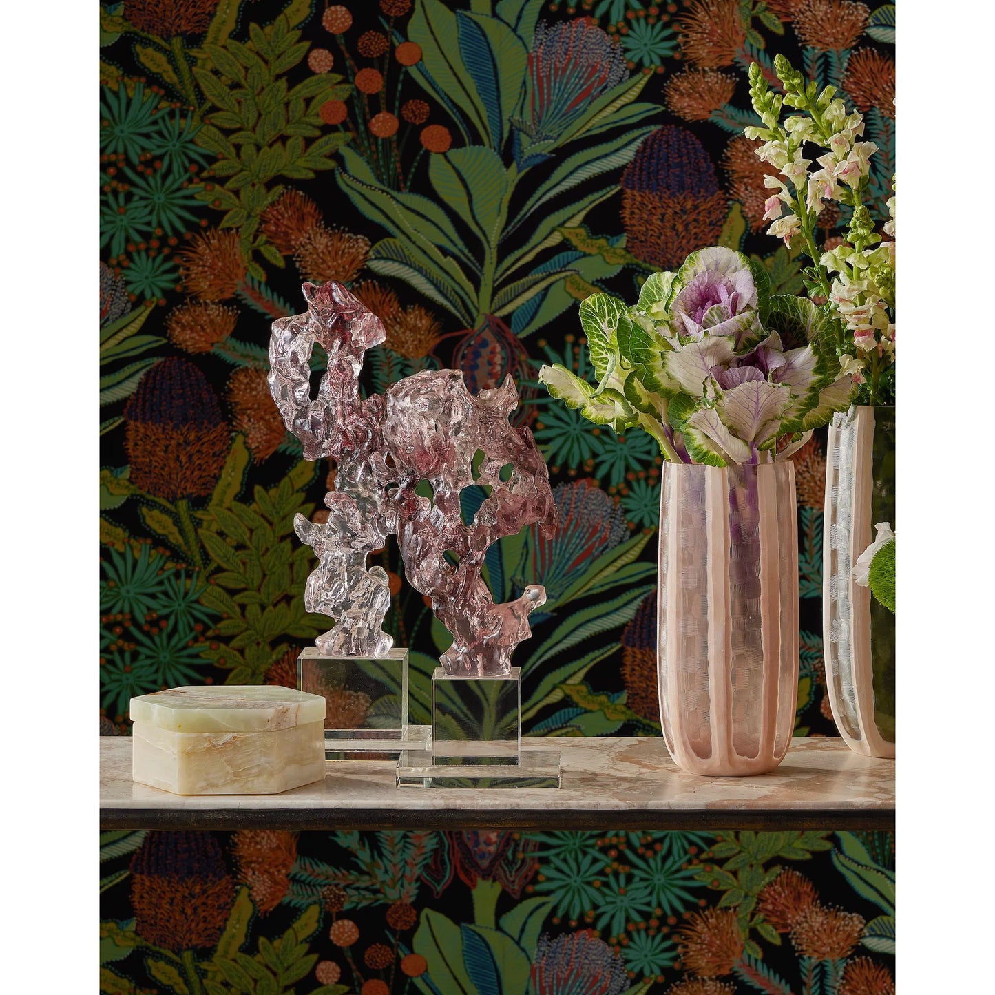 005 SI-2386938 | Lifestyle | Arco Green Onyx Hexagon Box by Currey and Company in natural. Made from green onyx in a modern style.