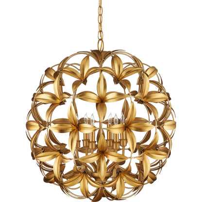 Helenium Orb Chandelier by Currey and Company in contemporary gold leaf, contemporary gold. Made from wrought iron in a modern style.