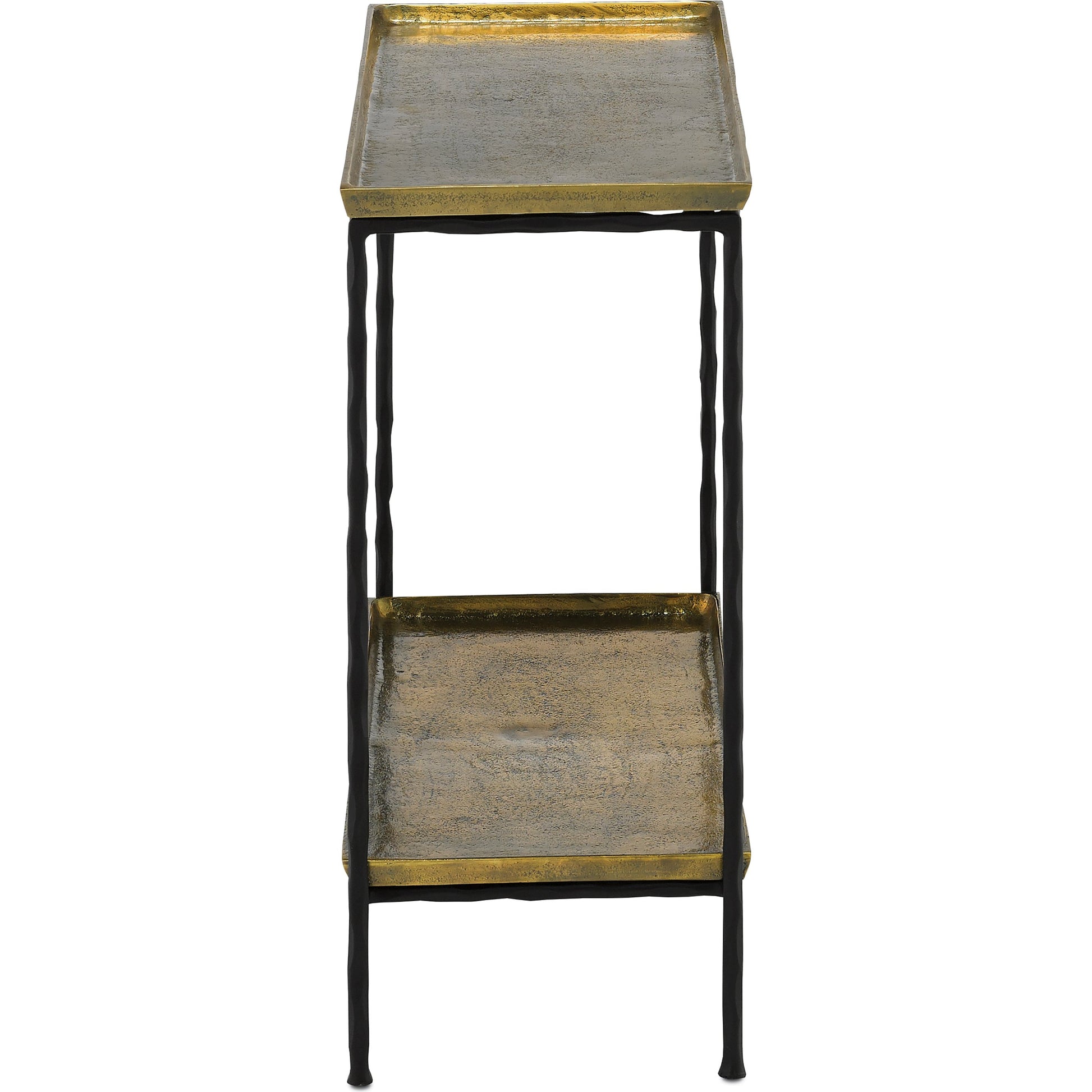 Boyles Brass Side Table by Currey and Company in antique brass, black. Made from cast aluminum, iron in a transitional style.