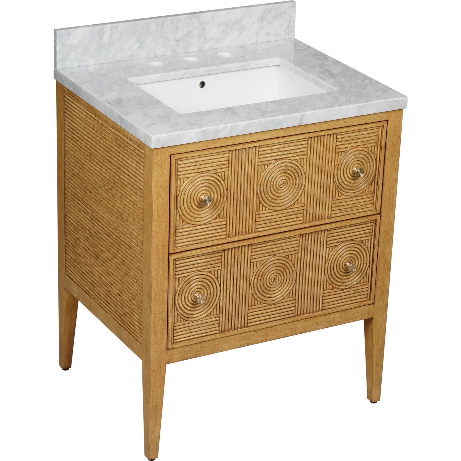 Santos 28" Vanity with Undermount Sink by Currey and Company. Made from rattan, mahogany, carrara marble, vitreous china, sungkai wood, brass in a unique style.