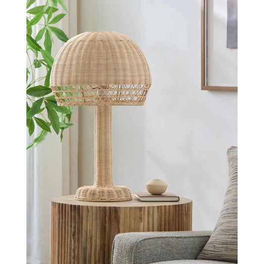 Denham Accent Table Lamp by Livabliss in beige and natural. Made from rattan in a unique style.