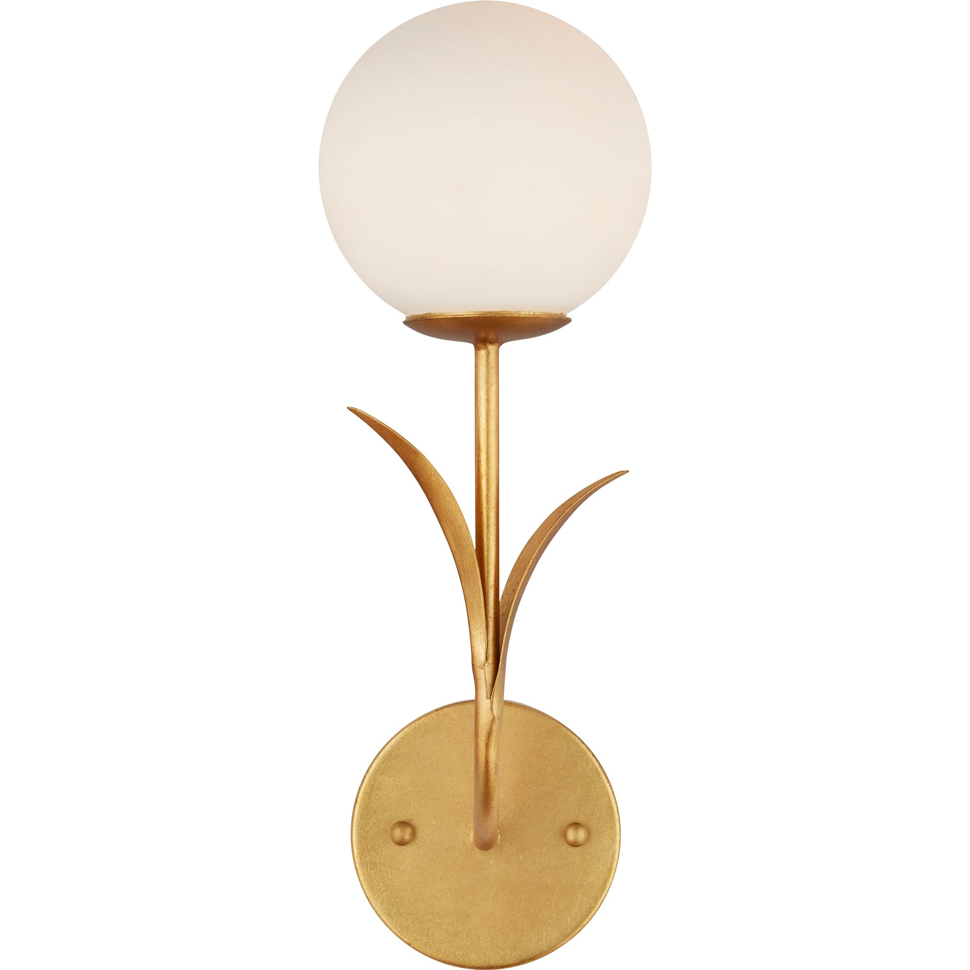 Rossville Wall Sconce by Currey and Company in contemporary gold leaf, frosted white. Made from wrought iron, glass in a modern style.